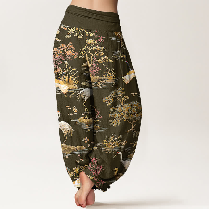 Buddha Stones Pantalones harem de mujer con cintura elástica y estampado floral de grullas de algodón. - image 10