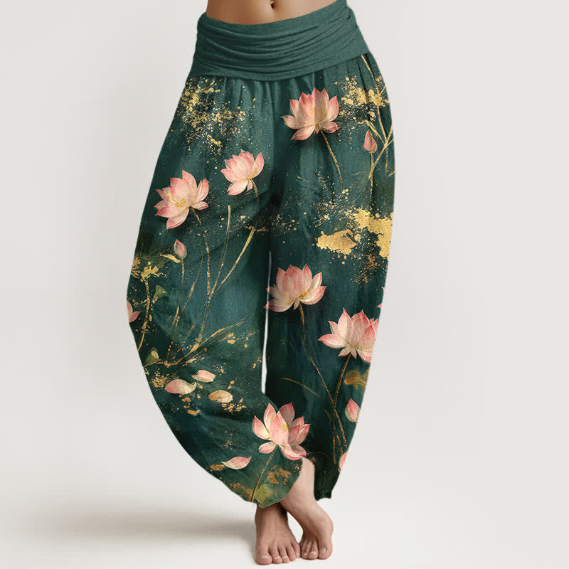 Buddha Stones Pantalones harem de algodón rosa con estampado de salpicaduras doradas para mujer con cintura elástica. - Verde azulado - US16，UK/AU20，EU48 (3XL) - image 0