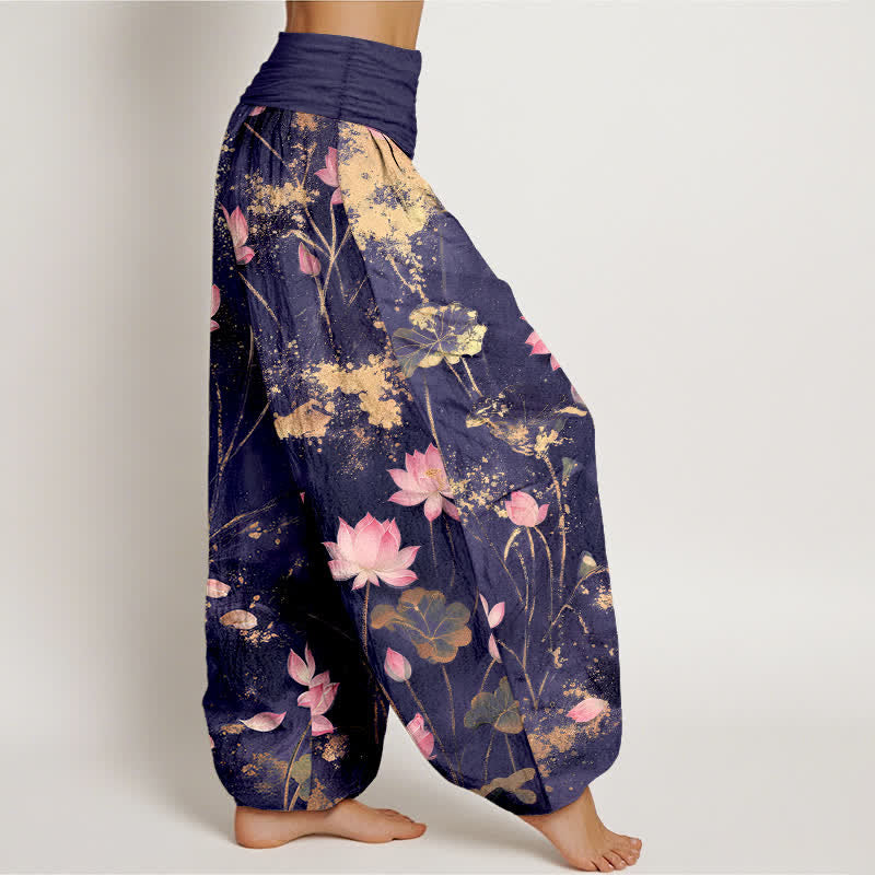 Buddha Stones Pantalones harem de algodón rosa con estampado de salpicaduras doradas para mujer con cintura elástica. - image 6