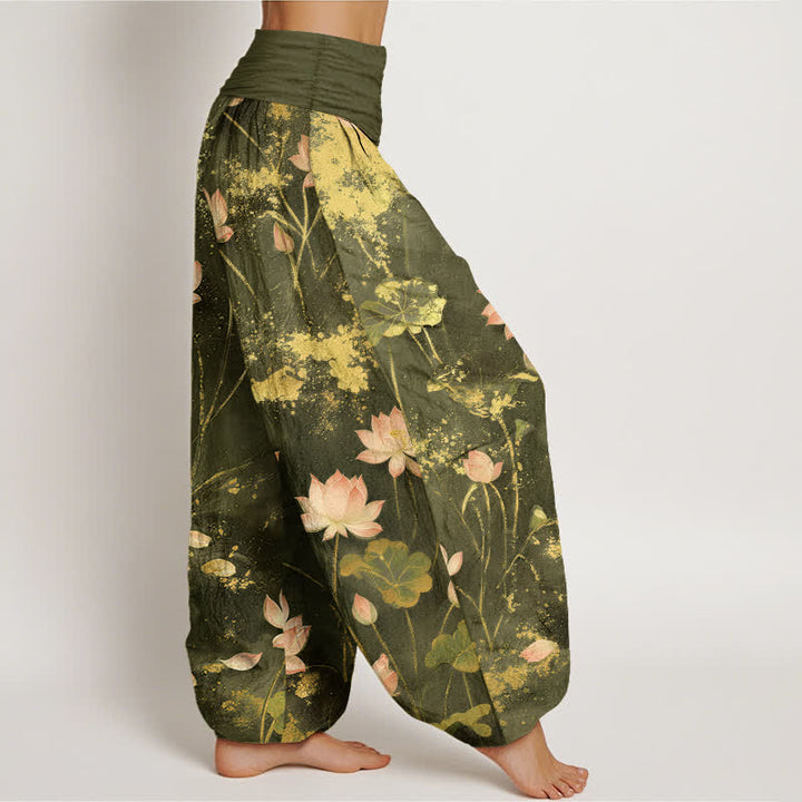 Buddha Stones Pantalones harem de algodón rosa con estampado de salpicaduras doradas para mujer con cintura elástica. - image 9