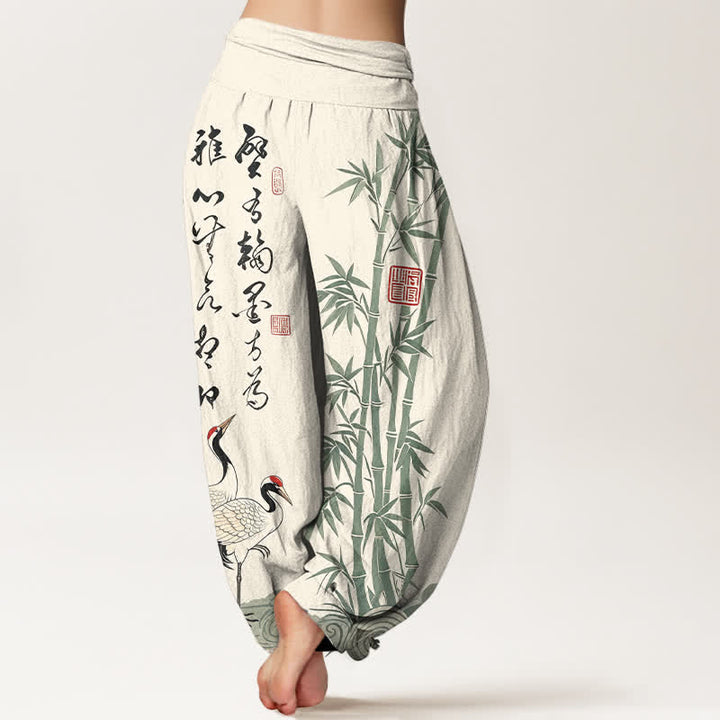 Buddha Stones Pantalones harem de mujer con cintura elástica y estampado de grullas y caligrafía de bambú y algodón. - image 2