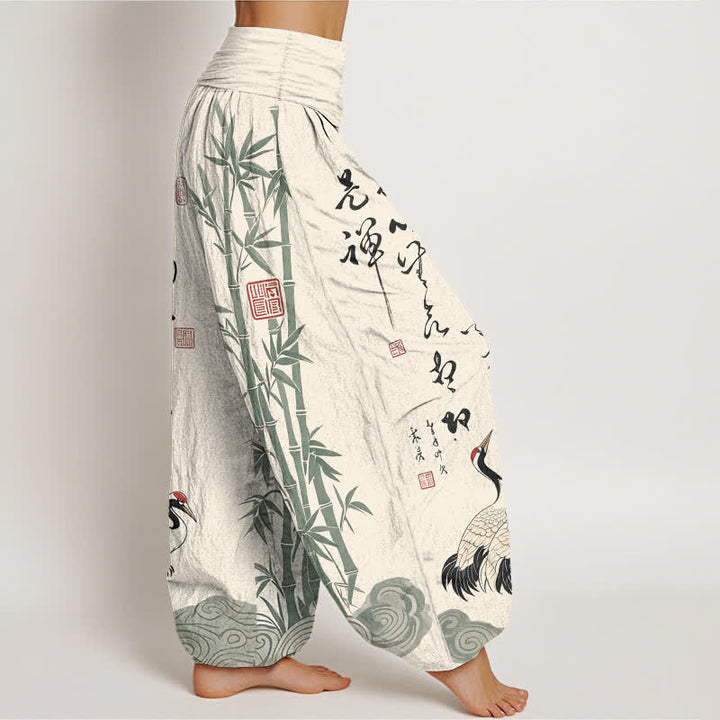 Buddha Stones Pantalones harem de mujer con cintura elástica y estampado de grullas y caligrafía de bambú y algodón. - image 1