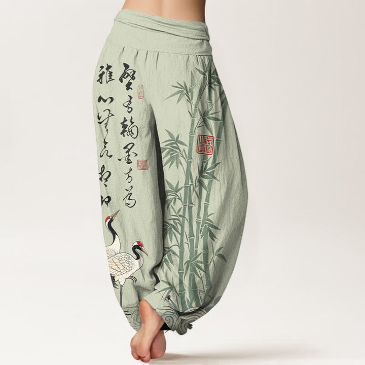 Buddha Stones Pantalones harem de mujer con cintura elástica y estampado de grullas y caligrafía de bambú y algodón. - image 7