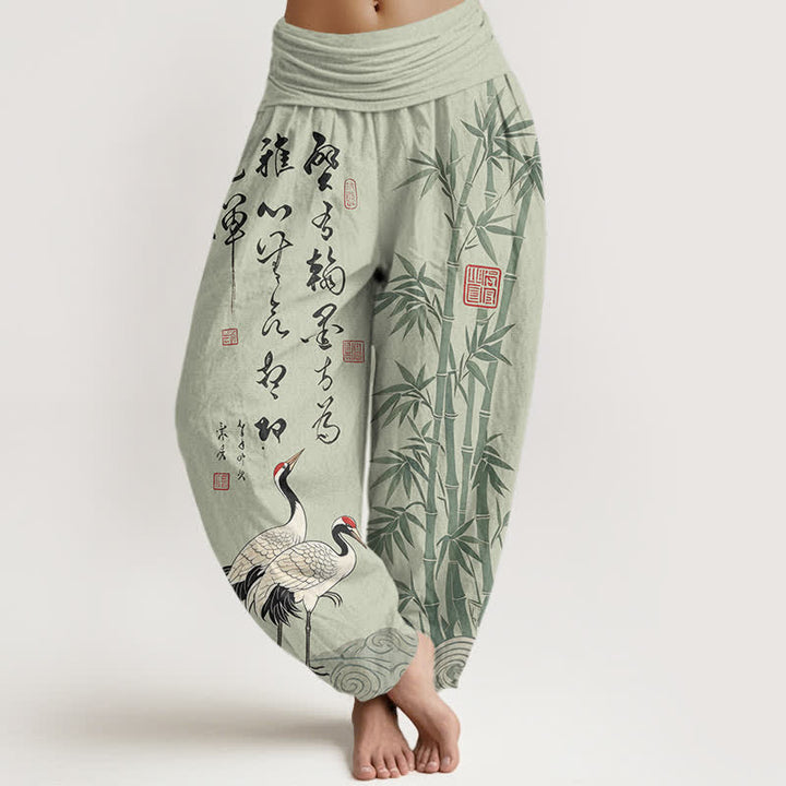 Buddha Stones Pantalones harem de mujer con cintura elástica y estampado de grullas y caligrafía de bambú y algodón. - Verde mar oscuro - US16，UK/AU20，EU48 (3XL) - image 5
