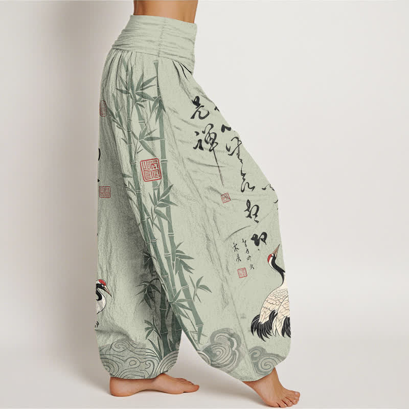 Buddha Stones Pantalones harem de mujer con cintura elástica y estampado de grullas y caligrafía de bambú y algodón. - image 6