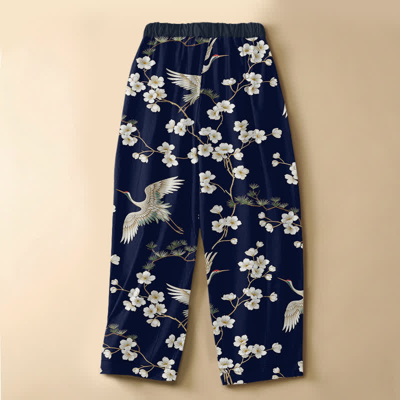 Buddha Stones Pantalones harem de algodón puro con estampado vintage de grullas y flores, botones de rana y cintura elástica para mujer, con bolsillos. - image 1