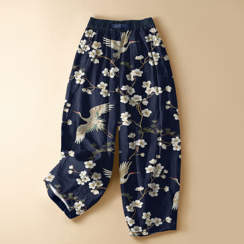 Buddha Stones Pantalones harem de algodón puro con estampado vintage de grullas y flores, botones de rana y cintura elástica para mujer, con bolsillos. - Marina de guerra - US16，UK/AU20，EU48 (3XL) - image 0