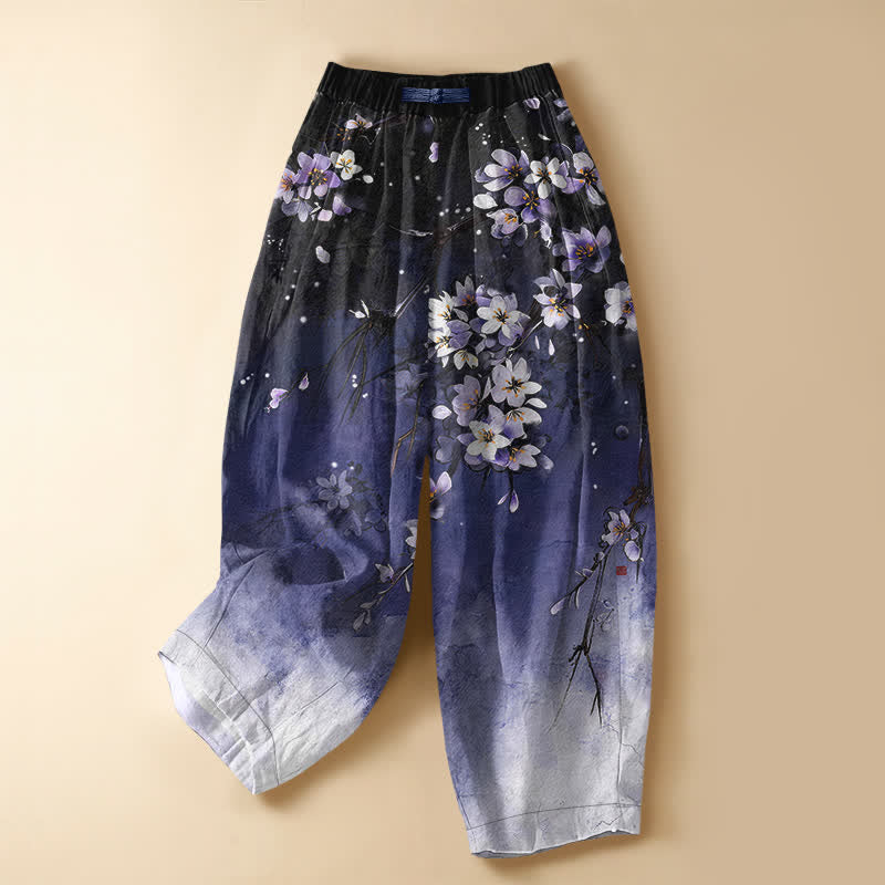 Buddha Stones Pantalones harem de mujer con cintura elástica, bolsillos y estampado degradado de flores de cerezo en algodón puro. - Índigo - US16，UK/AU20，EU48 (3XL) - image 0