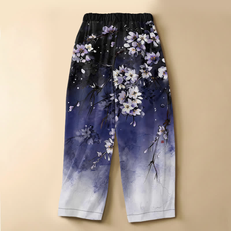 Buddha Stones Pantalones harem de mujer con cintura elástica, bolsillos y estampado degradado de flores de cerezo en algodón puro. - image 1