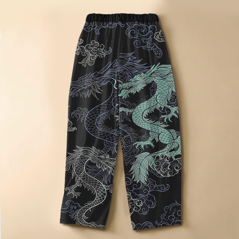 Buddha Stones Pantalones harem de algodón puro con estampado de olas de dragón oriental, botones de rana y cintura elástica para mujer con bolsillos. - image 1