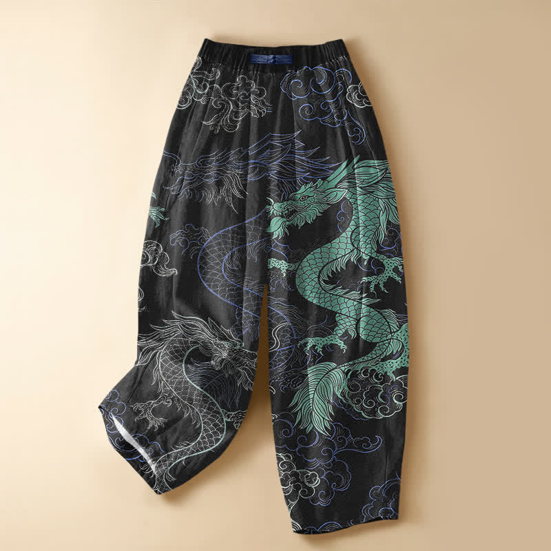 Buddha Stones Pantalones harem de algodón puro con estampado de olas de dragón oriental, botones de rana y cintura elástica para mujer con bolsillos. - Negro - US16，UK/AU20，EU48 (3XL) - image 0