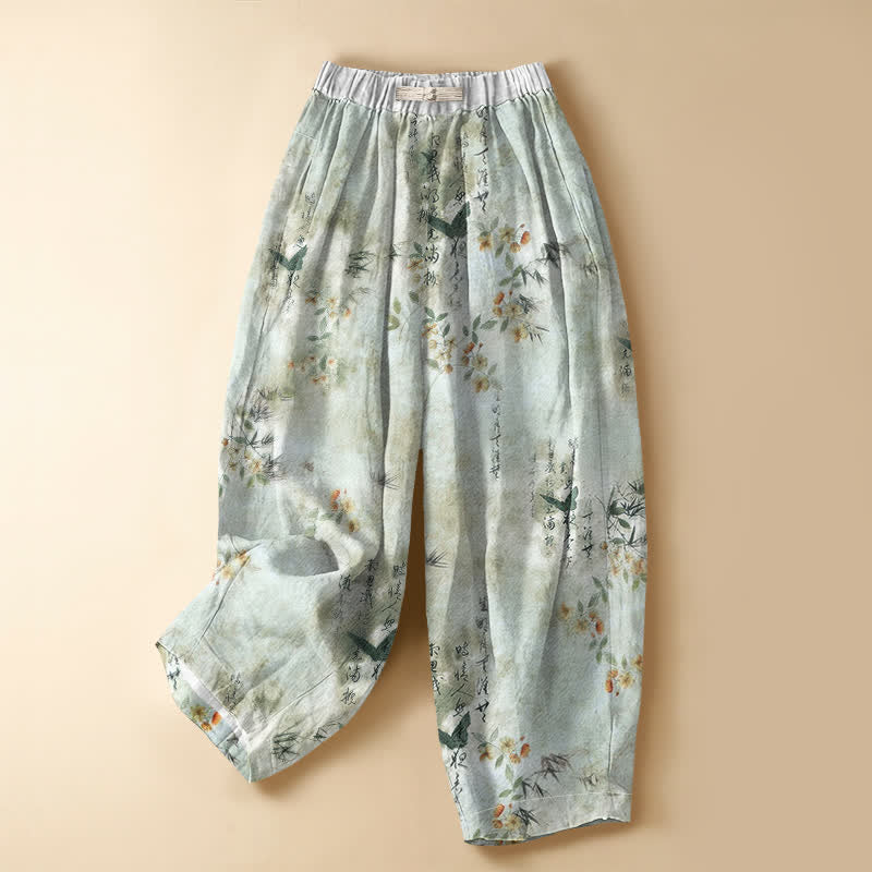 Buddha Stones Pantalones harem de algodón puro con estampado floral de pájaros, botones de rana y cintura elástica para mujer con bolsillos. - Crema de menta - US16，UK/AU20，EU48 (3XL) - image 0
