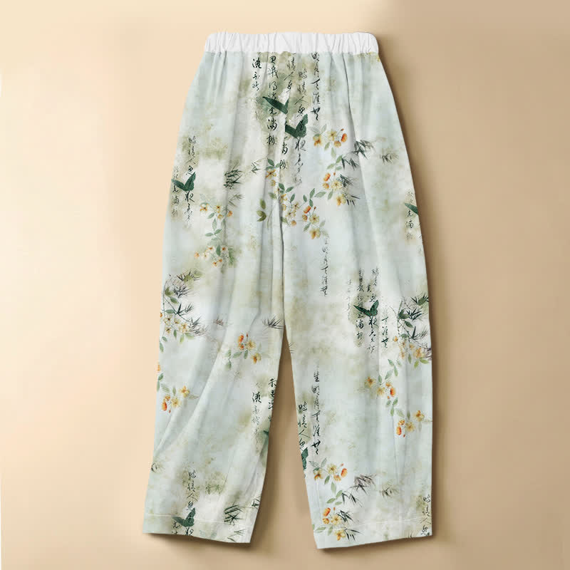 Buddha Stones Pantalones harem de algodón puro con estampado floral de pájaros, botones de rana y cintura elástica para mujer con bolsillos. - image 1