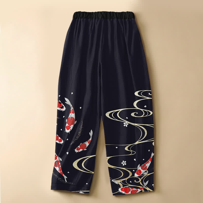 Buddha Stones Pantalones harem de algodón puro con estampado oriental de carpas koi y botones de rana para mujer, cintura elástica y bolsillos. - image 1