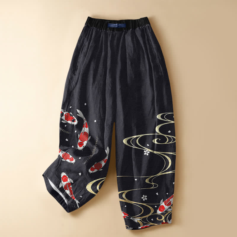 Buddha Stones Pantalones harem de algodón puro con estampado oriental de carpas koi y botones de rana para mujer, cintura elástica y bolsillos. - Negro - US16，UK/AU20，EU48 (3XL) - image 0