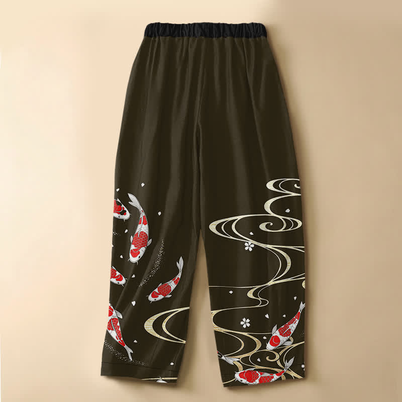 Buddha Stones Pantalones harem de algodón puro con estampado oriental de carpas koi y botones de rana para mujer, cintura elástica y bolsillos. - image 6