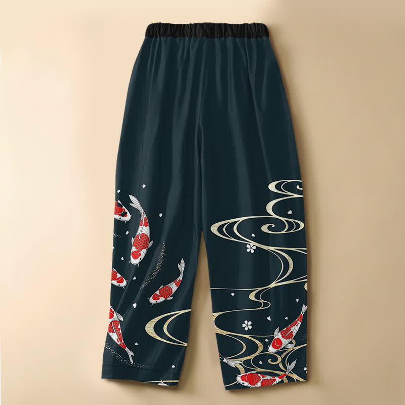 Buddha Stones Pantalones harem de algodón puro con estampado oriental de carpas koi y botones de rana para mujer, cintura elástica y bolsillos. - image 8