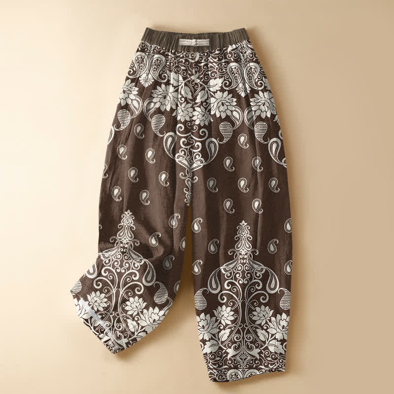 Buddha Stones Pantalones harem de mujer con cintura elástica y bolsillos, de algodón puro, con borde vintage, estampado paisley y botones de rana. - Marrón silla de montar - US16，UK/AU20，EU48 (3XL) - image 0