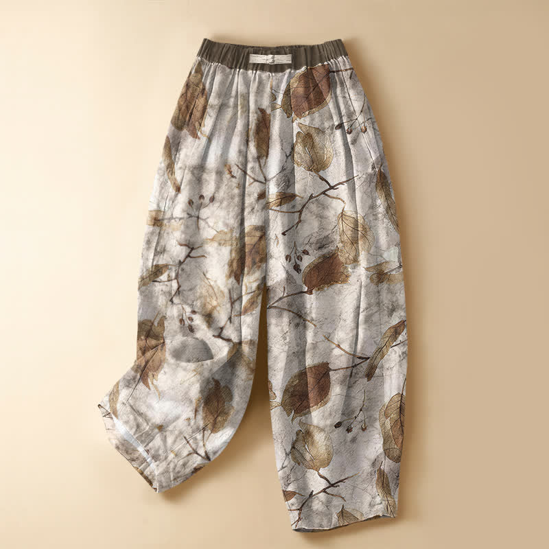 Buddha Stones Pantalones harem de mujer con cintura elástica, bolsillos y estampado botánico de hojas de otoño, de algodón puro. - Lino - US16，UK/AU20，EU48 (3XL) - image 0