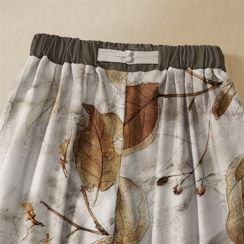 Buddha Stones Pantalones harem de mujer con cintura elástica, bolsillos y estampado botánico de hojas de otoño, de algodón puro. - image 3