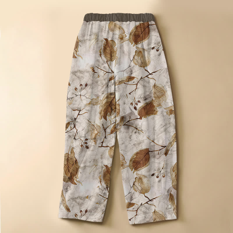 Buddha Stones Pantalones harem de mujer con cintura elástica, bolsillos y estampado botánico de hojas de otoño, de algodón puro. - image 1