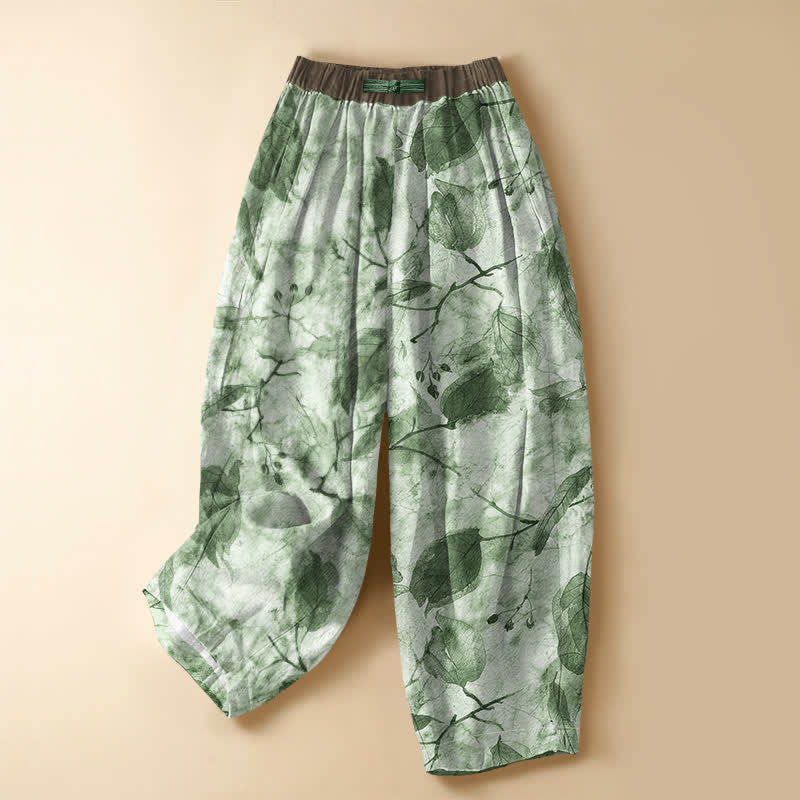 Buddha Stones Pantalones harem de mujer con cintura elástica, bolsillos y estampado botánico de hojas de otoño, de algodón puro. - Gotas de miel - US16，UK/AU20，EU48 (3XL) - image 5