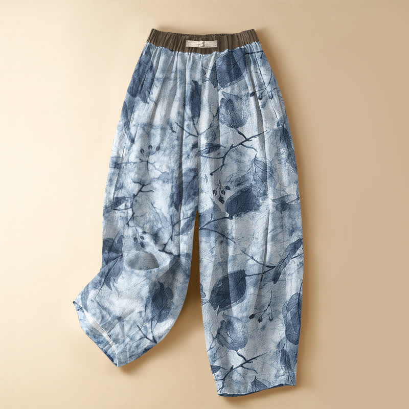 Buddha Stones Pantalones harem de mujer con cintura elástica, bolsillos y estampado botánico de hojas de otoño, de algodón puro. - Azul claro - US16，UK/AU20，EU48 (3XL) - image 7