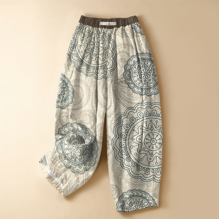 Buddha Stones Pantalones harem de algodón puro con estampado de mandala estilo boho, botones de rana y cintura elástica para mujer con bolsillos. - Beige - US16，UK/AU20，EU48 (3XL) - image 0