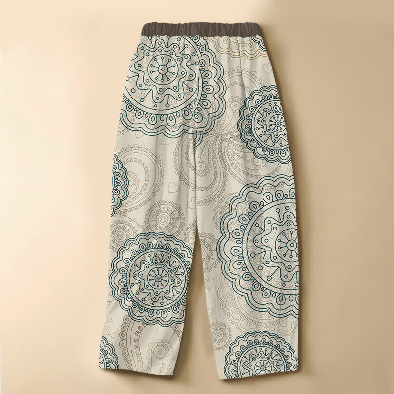 Buddha Stones Pantalones harem de algodón puro con estampado de mandala estilo boho, botones de rana y cintura elástica para mujer con bolsillos. - image 1