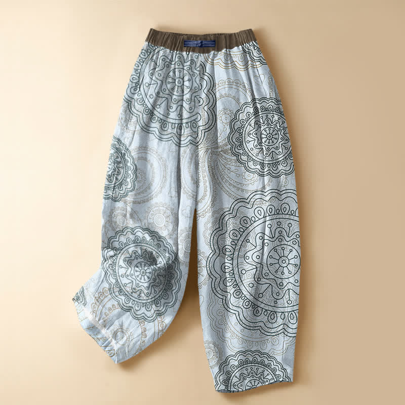 Buddha Stones Pantalones harem de algodón puro con estampado de mandala estilo boho, botones de rana y cintura elástica para mujer con bolsillos. - Azul claro - US16，UK/AU20，EU48 (3XL) - image 5