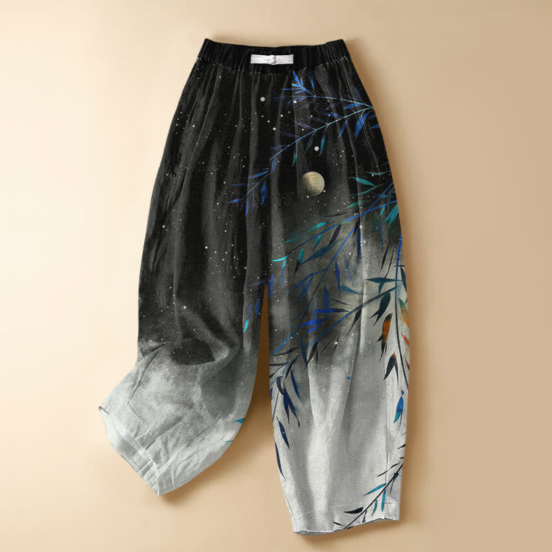 Buddha Stones Pantalones harem de algodón puro con estampado de bambú y luna estrellada, botones de rana y cintura elástica para mujer, con bolsillos. - Negro - US16，UK/AU20，EU48 (3XL) - image 0