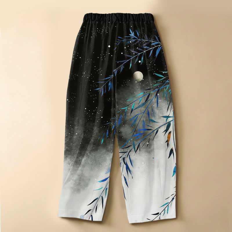 Buddha Stones Pantalones harem de algodón puro con estampado de bambú y luna estrellada, botones de rana y cintura elástica para mujer, con bolsillos. - image 1