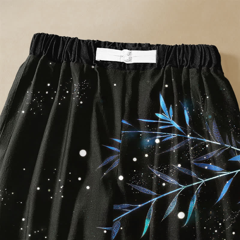 Buddha Stones Pantalones harem de algodón puro con estampado de bambú y luna estrellada, botones de rana y cintura elástica para mujer, con bolsillos. - image 2