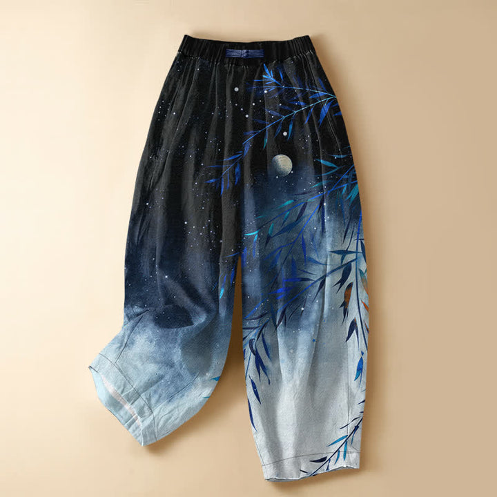 Buddha Stones Pantalones harem de algodón puro con estampado de bambú y luna estrellada, botones de rana y cintura elástica para mujer, con bolsillos. - Marina de guerra - US16，UK/AU20，EU48 (3XL) - image 5