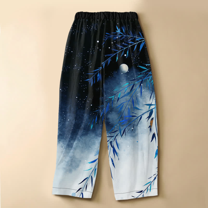 Buddha Stones Pantalones harem de algodón puro con estampado de bambú y luna estrellada, botones de rana y cintura elástica para mujer, con bolsillos. - image 6