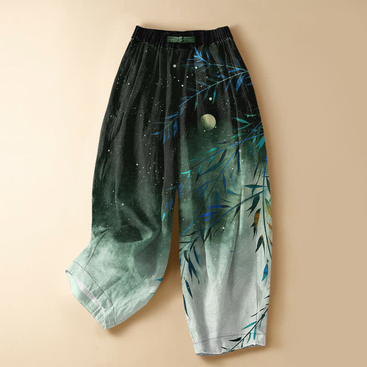 Buddha Stones Pantalones harem de algodón puro con estampado de bambú y luna estrellada, botones de rana y cintura elástica para mujer, con bolsillos. - Verde oscuro - US16，UK/AU20，EU48 (3XL) - image 7