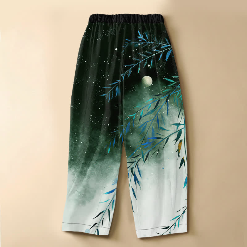 Buddha Stones Pantalones harem de algodón puro con estampado de bambú y luna estrellada, botones de rana y cintura elástica para mujer, con bolsillos. - image 8