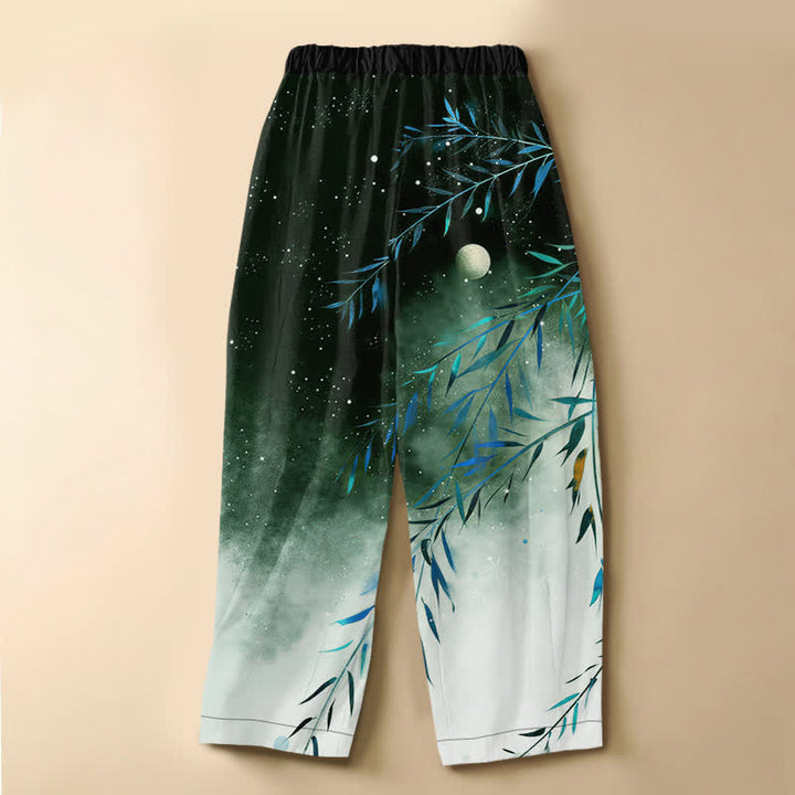 Buddha Stones Pantalones harem de algodón puro con estampado de bambú y luna estrellada, botones de rana y cintura elástica para mujer, con bolsillos. - image 8