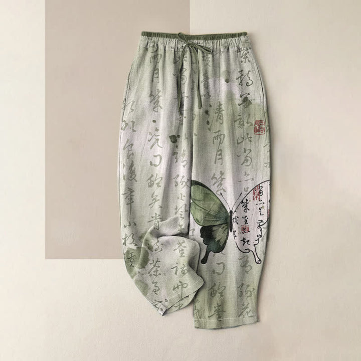 Buddha Stones Pantalones de mujer de algodón puro con estampado artístico de mariposas y cintura elástica con bolsillos. - Crema de menta - US16，UK/AU20，EU48 (3XL) - image 0