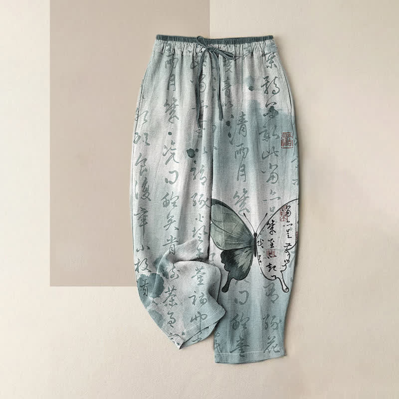 Buddha Stones Pantalones de mujer de algodón puro con estampado artístico de mariposas y cintura elástica con bolsillos. - Turquesa pálido - US16，UK/AU20，EU48 (3XL) - image 3