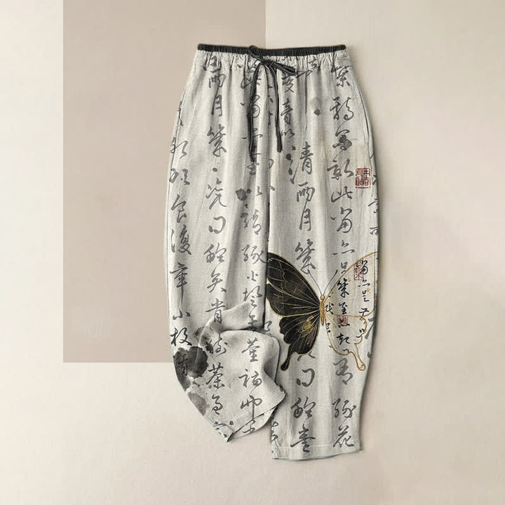 Buddha Stones Pantalones de mujer de algodón puro con estampado artístico de mariposas y cintura elástica con bolsillos. - Humo blanco - US16，UK/AU20，EU48 (3XL) - image 4