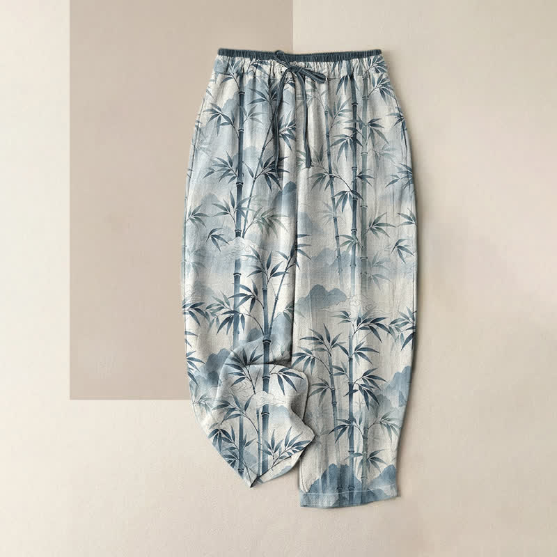 Buddha Stones Pantalones de mujer de algodón puro con estampado de hojas de bambú estilo zen, cintura elástica y bolsillos. - Azul claro - US16，UK/AU20，EU48 (3XL) - image 3