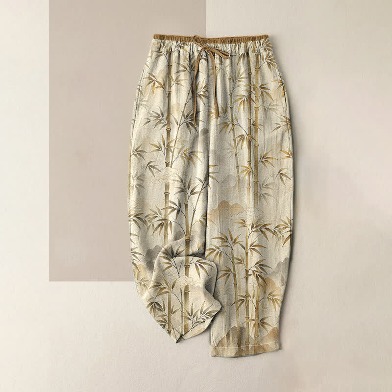 Buddha Stones Pantalones de mujer de algodón puro con estampado de hojas de bambú estilo zen, cintura elástica y bolsillos. - vara de oro pálida - US16，UK/AU20，EU48 (3XL) - image 4