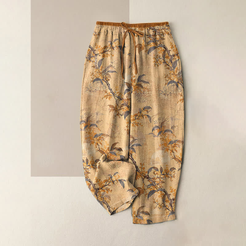 Buddha Stones Pantalones de mujer de algodón puro con estampado floral botánico vintage, cintura elástica y bolsillos. - vara de oro - US16，UK/AU20，EU48 (3XL) - image 0