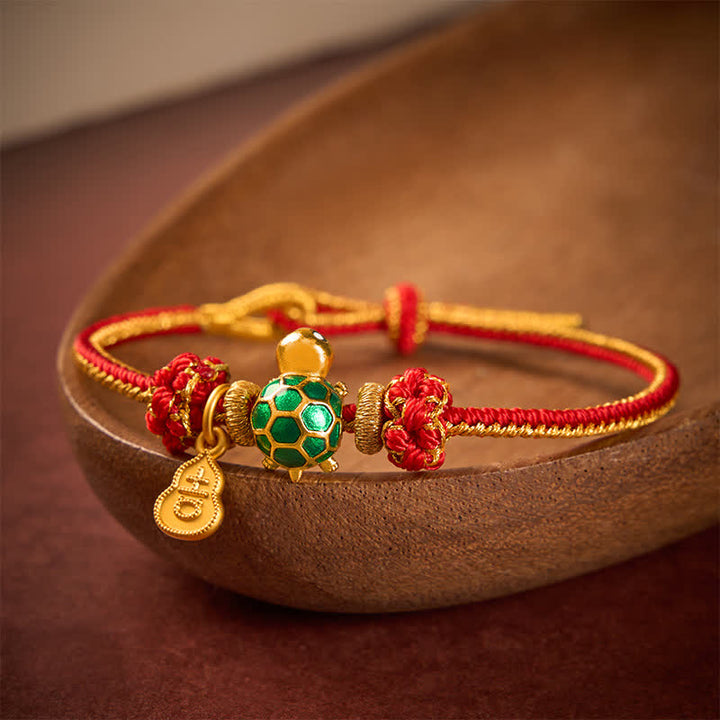 Buddha Stones Pulsera de la suerte con tortuga verde, calabaza de cobre y cordón rojo - image 1