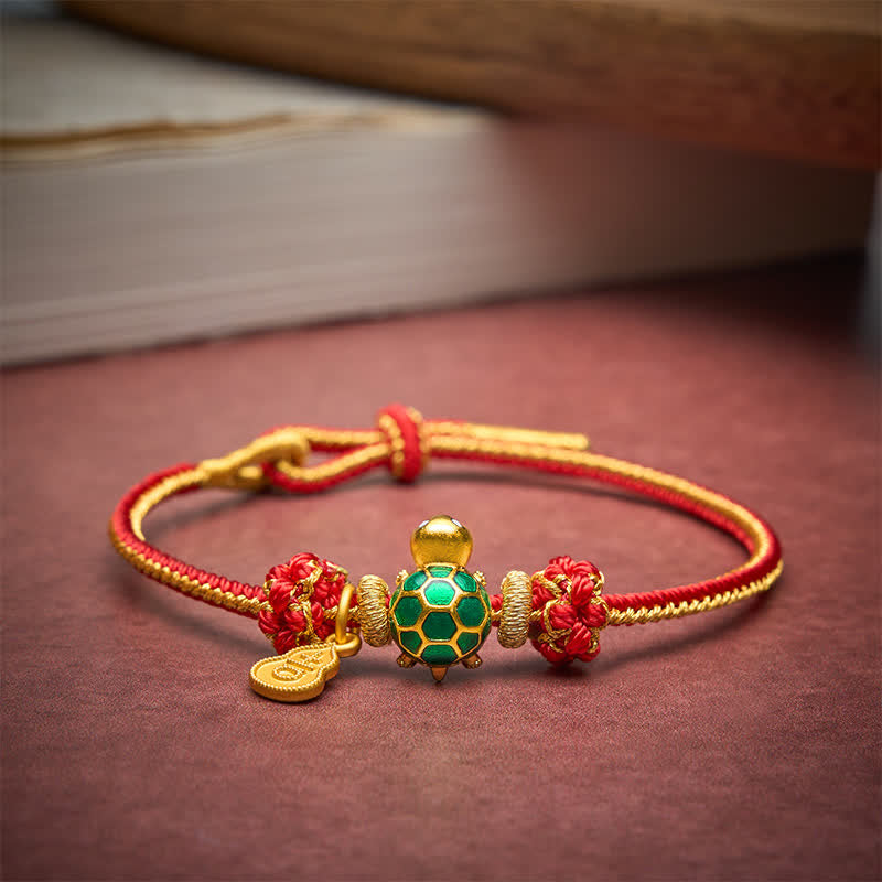 Buddha Stones Pulsera de la suerte con tortuga verde, calabaza de cobre y cordón rojo - image 3