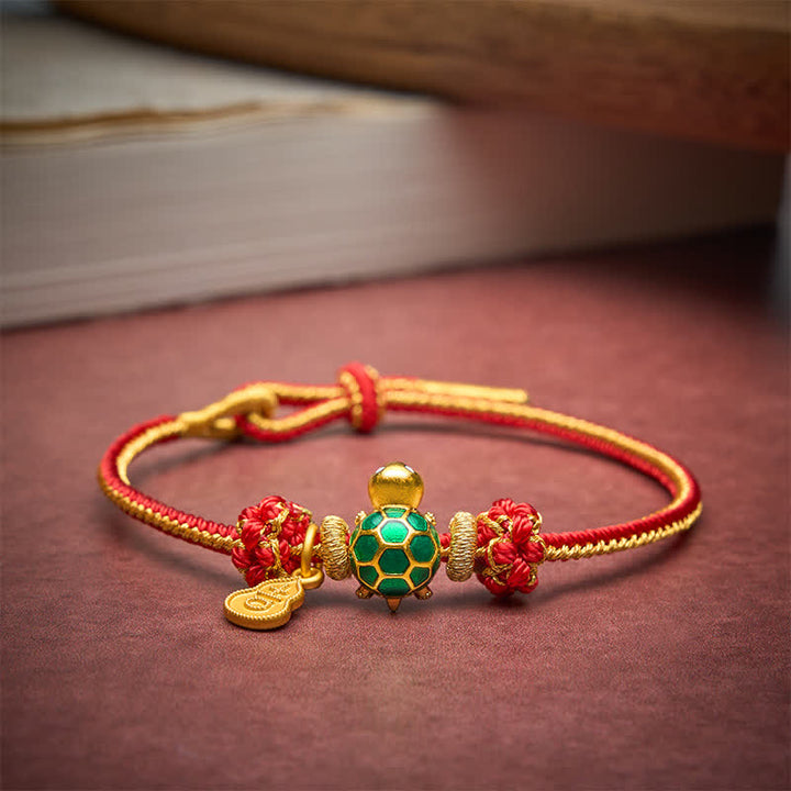 Buddha Stones Pulsera de la suerte con tortuga verde, calabaza de cobre y cordón rojo - image 3