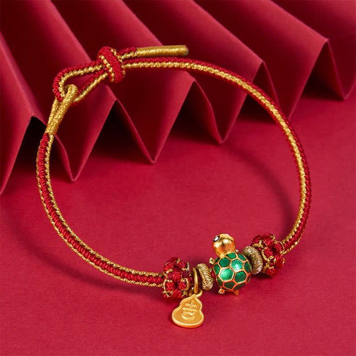 Buddha Stones Pulsera de la suerte con tortuga verde, calabaza de cobre y cordón rojo - image 2