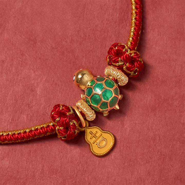 Buddha Stones Pulsera de la suerte con tortuga verde, calabaza de cobre y cordón rojo - image 5
