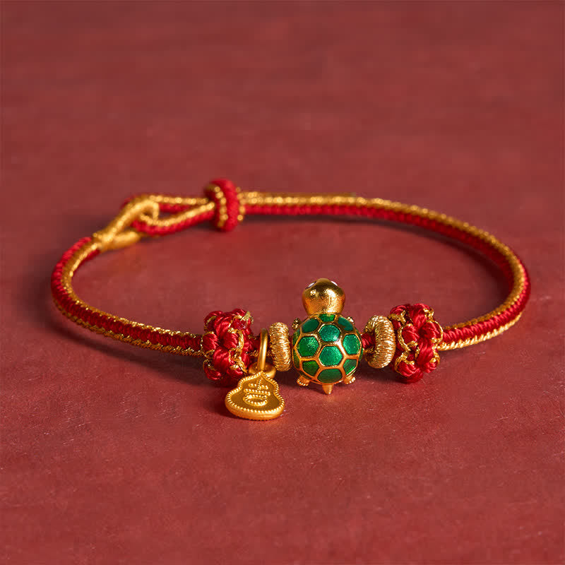 Buddha Stones Pulsera de la suerte con tortuga verde, calabaza de cobre y cordón rojo - image 4